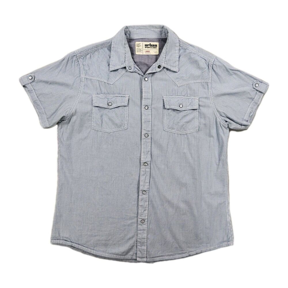 Urban Pipeline Men's L Blue White Gingham Plaid Pearl Snap Western Shirt Cotton